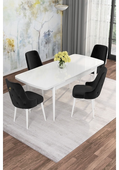 Mona Beyaz 80x132 Açılabilir Mdf Masa Yemek Odası Takımı, Mutfak Takımı 4 Adet Sandalye Beyaz Masa - 4 Siyah - Beyaz Ayak Mona Beyaz 80x132 Açılabilir Mdf Masa Yemek Odası Takımı, Mutfak Takımı 4 Adet Sandalye Beyaz Masa - 4 Siyah - Beyaz Ayak