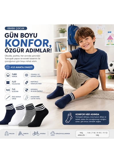Womanandkids Wak Erkek Çocuk 4'lü Pamuklu Çizgili Patik Çorap Nefes Alan Esnek Günlük Spor Okul Çorabı Rahat Ve D Çok Renkli