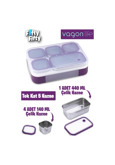 Vagonlife Lunch Box 1000 Ml Sızdırmaz,karışmaz 5 Hazneli Yeni Nesil Sefer Tası -fflbox40097 Mor