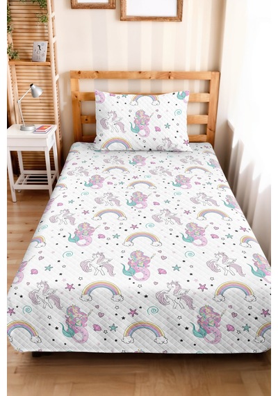 Evimde Bambaşka Unicorn Gökkuşağı Pudra Pembe Kız Çocuk Pike Takımı-deniz Kızı Mint Bebek Yatak Örtüsü - 160x220  CM