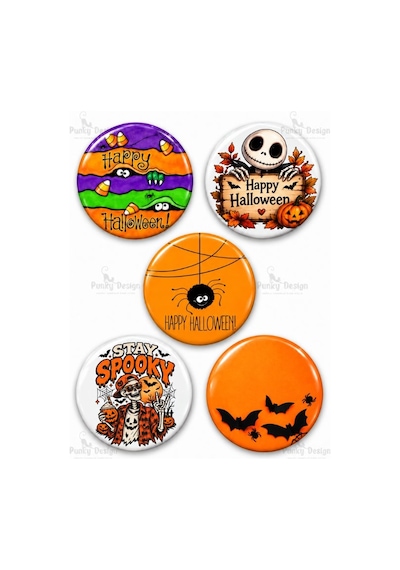 Punky Design Cadılar Bayramı Halloween Temalı 15 Li Rozet Seti- 44 Mm Kedi Cadı Hayalet Desenli Yaka Çok Renkli