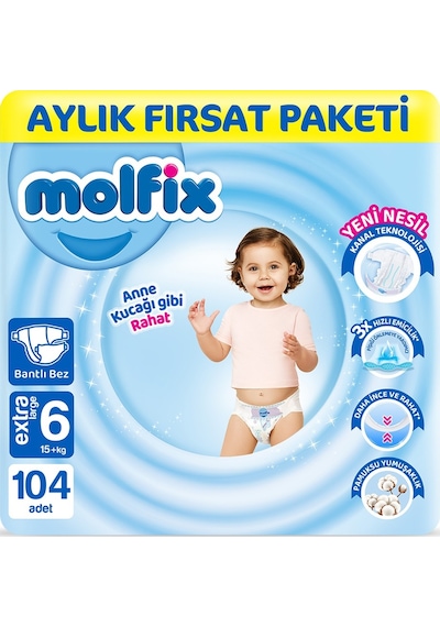 Molfix Bebek Bezi 6 Beden Extra Large Aylık Fırsat Paketi 104 Adet