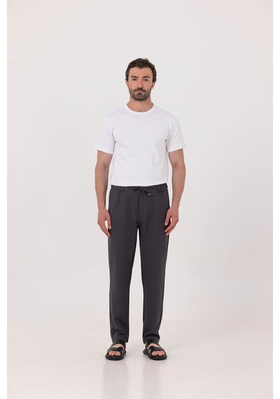 Sabri Özel Antrasit Dokulu Arka Lastikli Köprü Kemerli Bağcıklı Slim Fit Jogger Pantolon