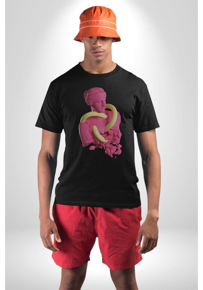 Pop Art Yaratıcı Heykel Pembe Unisex Unisex Siyah Organik Baskılı T-shirt Penye Yüksek Kalite Siyah