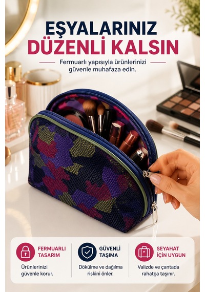 Geniş Bölmeli Makyaj Çantası File Detaylı Seyahat Kozmetik Organizer Kamuflaj Desenli Çanta