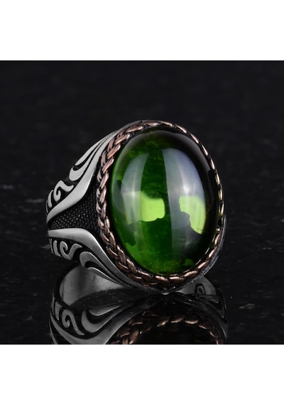 925 Ayar Gümüş Yüzük - Sentetik Taş Gümüş Yüzük - El Yapımı Yüzük Sentetik Peridot Gümüş