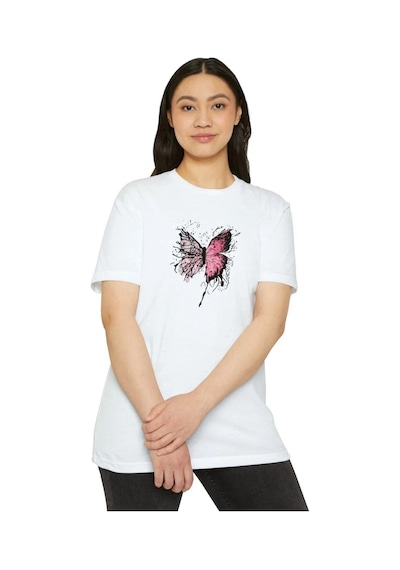 Kadın Bisiklet Yaka Kelebek Baskılı Kısa Kol T-shirt - Beyaz Beyaz