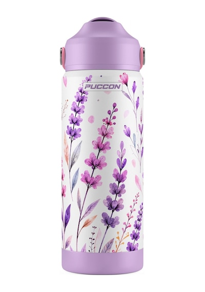 Puccon 540 Ml Çiçek Desenli Lila - Mor Kız Çocuk Pipetli Çelik Termos Matara/suluk - 60055