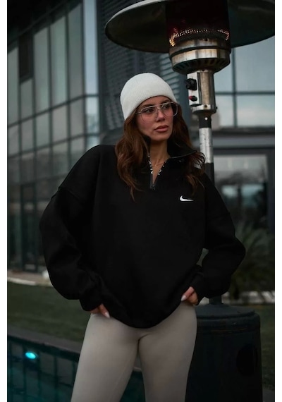 Kadın Yarım Fermuarlı Üç İplik Şardonlu Pamuklu Sweatshirt - Siyah