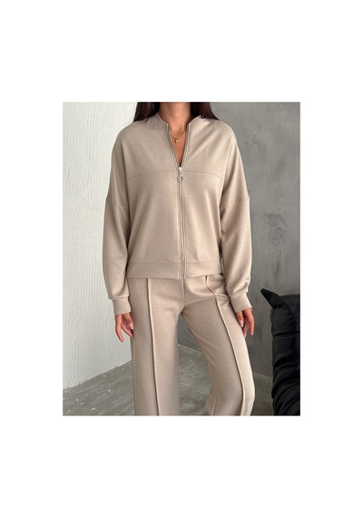 Gugus Kadın Fermuarlı Kolej Yaka Aysho Model Bol Paça Wide Leg Eşofman Takımı Bej