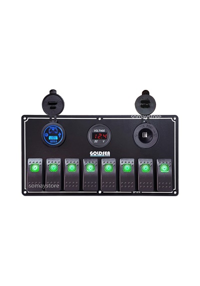 Goldsea Marine Switch Panel 8 Anahtarlı Usb Type-C + Voltmetre + Şarj Soketli 12-24V 120X235Mm Yeşil