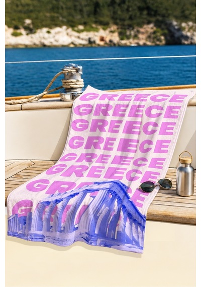 Yunanistan Temalı Yazılı Büyük Plaj Havlusu-modern Akdeniz Pembe Lila Hızlı Kuruyan Mikrofiber Havlu İnci Yakamoz