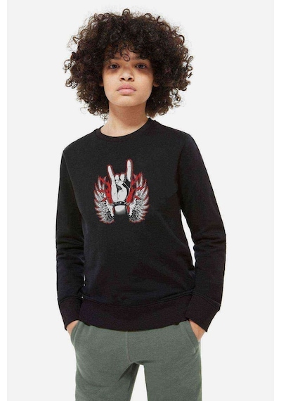 Tshirthane Rock Hand Kanat Baskılı Unisex Çocuk Siyah Sweatshirt Siyah