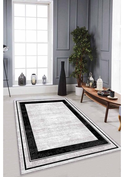Gri Çerçeveli Kaymaz Tabanlı Makinede Yıkanabilir Halı Ar531n11
