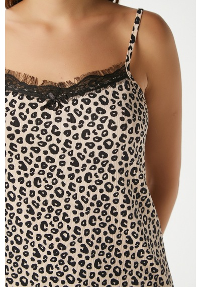 Ritnice Kadın Betty Leopar 3'lü Paket Sabahlıklı İp Askılı Dantelli Fitilli Örme Pijama Takımı Leopar