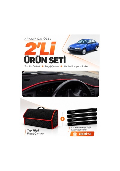 Toyota Carina E T190 Aırbaglı 1992-1997 Uyumlu Torpido Örtüsü Tay Tüyü Çanta Seti - Siyah Kırmızı