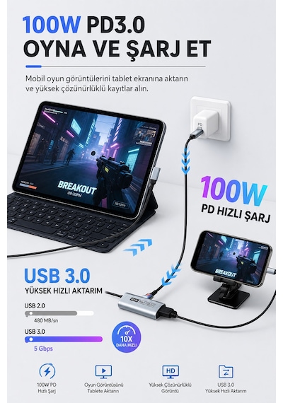 4k Hdmı Video Yakalama Kartı, Usb 3.0 Capture Card, 100w Pd Şarj Destekli, 90 Usb-c Kablolu, 4k 60 Fps Ve 1080p 240 Fps Destekli, Switch 2, Vr, Tablet, Pc Ve Mac Uyumlu