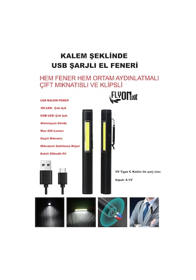 Kalem Şeklinde Şarj Edilebilir El Feneri Güçlü Mıknatıslı Hem Ortam Aydınlatma Hem Fener Kamp Lamba Siyah