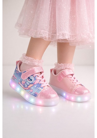 Kız Çocuk Desenli Işıklı Led Tabanlı Simli Cırt Cırtlı Sneaker Mavi