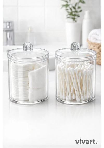 Şeffaf Pamukluk & Kulak Çubuğu Kabı 2 Li Set Banyo Düzenleyici Organizer