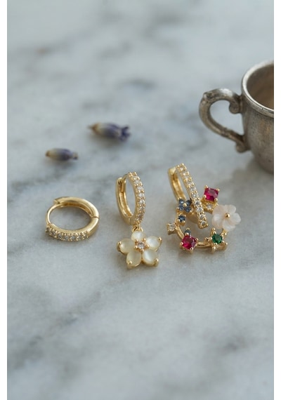 3 Lü Set Gold Renk Çiçek Model Küpe Çok Renkli