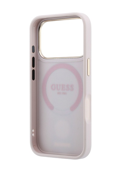 Apple iPhone Uyumlu 18 Pro Kılıf Guess  Lisanslı M-safeli Deri 4g Desenli Şeritli Yazı Logolu Kapak Pembe