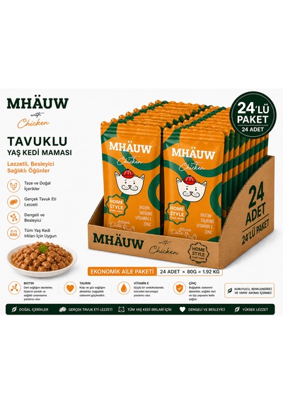 Mhauw Tavuklu Kıyılmış Pouch Yetişkin Kedi Konservesi 80 Gr 24'li Paket
