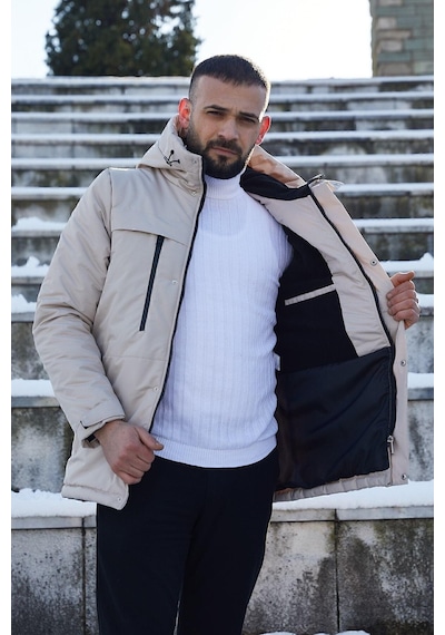 Spor Erkek Polarlı Kürklü Su Ve Rüzgar Geçirmez Kapüşonlu Mont Parka-100 Taş