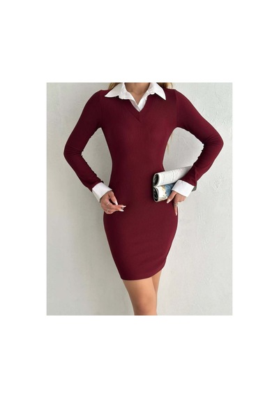 Asur Boutique Asur Butik Kadın Gömlek Yaka Ottoman Kumaş Mini Elbise 1 Beden Büyük Alınız Bordo