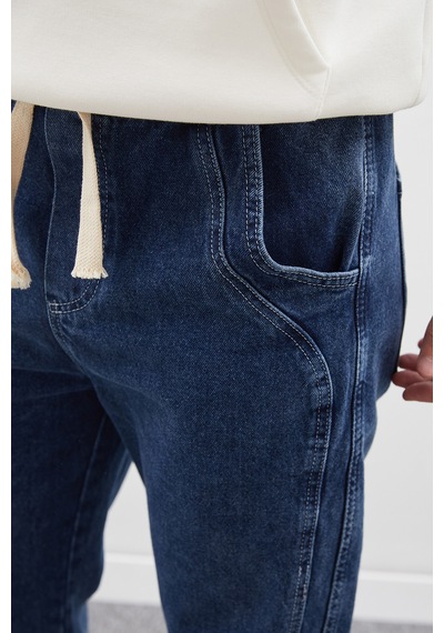 Fullamoda Beli Bağlamalı Nervürlü Mom Jean Koyu Mavi