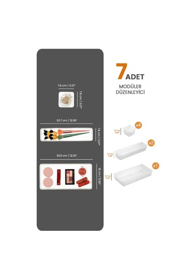 Meleni Home 7 Parça Modüler Organizer Set - Kozmetik Aksesuar Düzenleyici Şeffaf