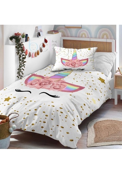 Sevimli Unicorn Altın Yaldız Ve Puantiye Tek Kişilik Bebek Çocuk Nevresim Takımı