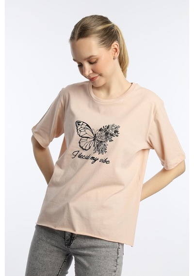 Kadın Kelebek Baskılı Oversize Tişört Bej