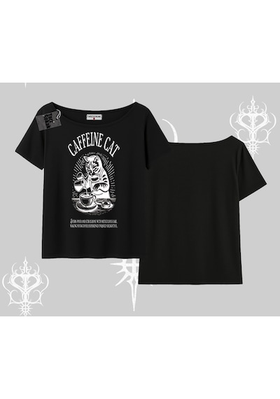 Tarzsokak Kayık Yaka Tshirt Caffeine Cat Kahve Temalı Kedi Baskılı Siyah