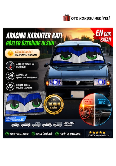 Mavi Göz Figürlü Oto Ön Cam Güneşlik Cars Figürü Baskılı Arabalar Ön Cam Güneşliği Uv Korumalı Güneşlik Perde 1 Adet