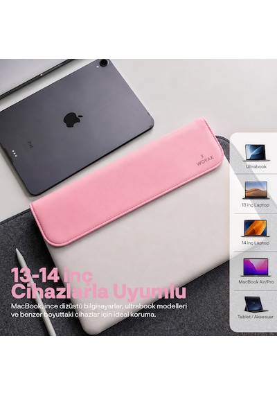 Woyax Cleanfit 13-14 İnç Gri Laptop Çantası Su Geçirmez Apple Macbook Uyumlu Kılıfı Apple iPad Tablet El Çantası Pembe