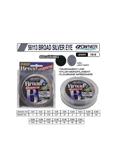 Süper Kalite Japon Misina Owner Broad Silver Eye 150m Light Grey 0,18mm - Standart