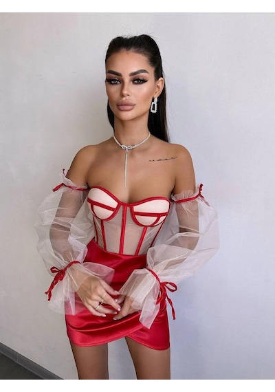 Havens Rosalıne Tül & Saten Detaylı Elbise Kırmızı