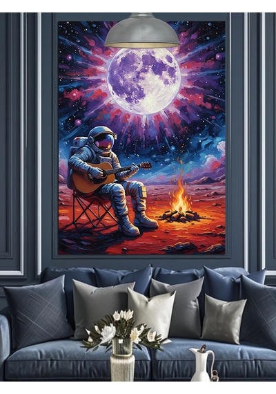 Ay Işığı Manzarasında Uzayda Gitar Çalan Astronot Dekoratif Kanvas - Mdf Ahşap Tablo