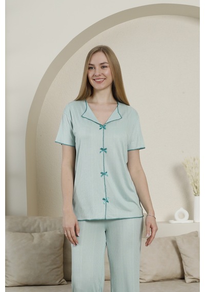 Wordex Mirano 3725 Fiyonklu Pegasus Kumaş Kısa Kolu Kadın Pijama Takımı Yeşil