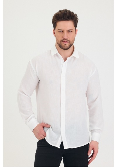 Cool Tarz Erkek Slim Fit Dar Kalıp Uzun Kol Pamuklu Keten Efekt Gömlek Beyaz Beyaz