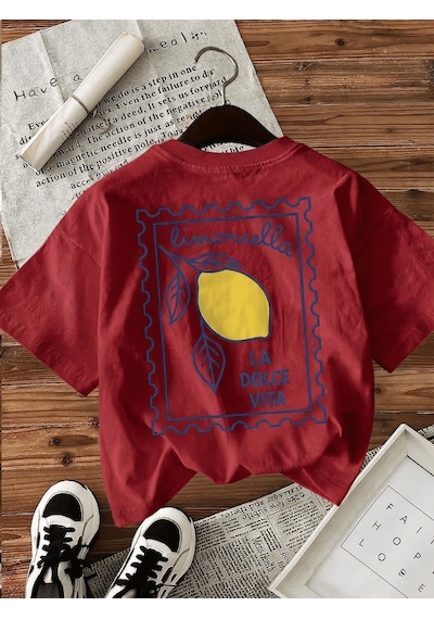 Limoncella "la Dolce Vita" Baskılı Oversize Pamuklu Kadın T-shirt Kirmizi