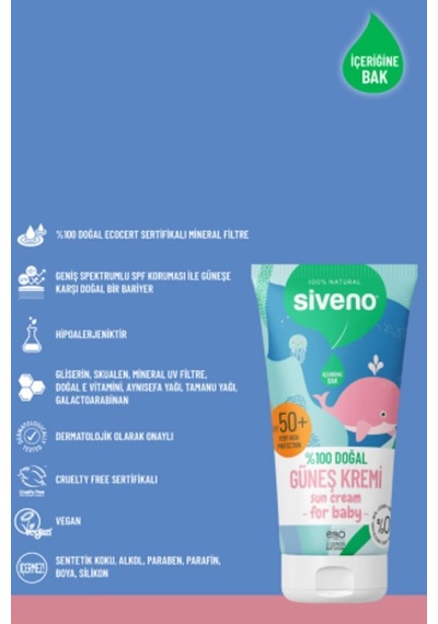 %100 Doğal Bebek Güneş Kremi Leke Karşıtı Nemlendirici Bitkisel Vegan Uva Uvb Spf50+ 50 Ml