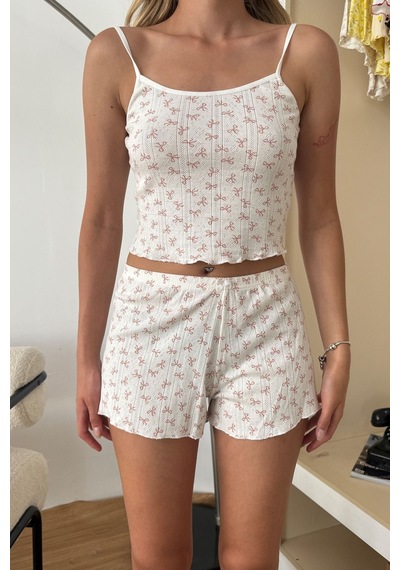 Giysa Kadın Askılı Fiyonk Desenli Şortlu Pijama Takımı Beyaz - 26y 32