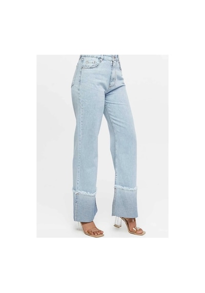 Kene Jeans Yüksek Bel Taş Yıkama Ters Paça Püskül Detaylı Kot Jeans Taş Yıkama