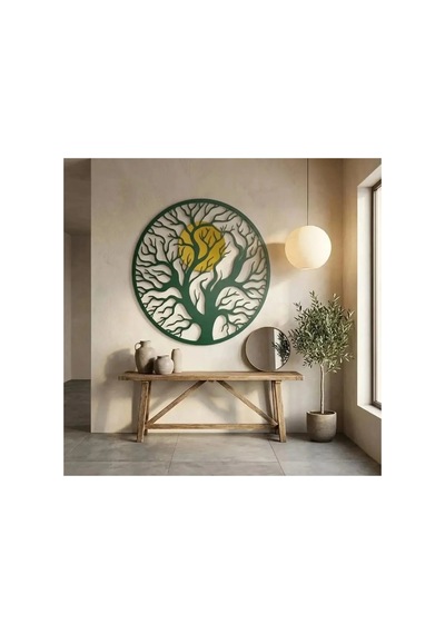 Hayat Ağacı Ve Güneş Metal Duvar Tablosu - Metal Duvar Sanatı - Siyah - 50 X 50 Cm