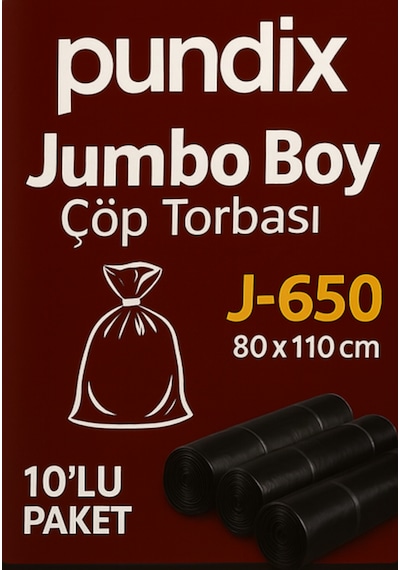 Pundix Pundıx J650 Endüstriyel Jumbo Boy Çöp Poşeti 80x110 Cm 1 Koli 10 Rulo / 100 Adet Dayanıklı, Sızdırmaz Ve Geniş Hacimli Çöp Torbası