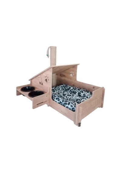 Realwood Ahşap Seramik Kaseli Tırmalama Çubuklu Açık Kapalı Kedi Evi