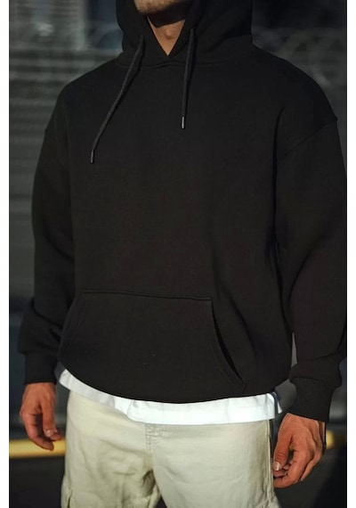 Üç İplik Penye Kapşonlu Basic Sweatshirt - Siyah Siyah