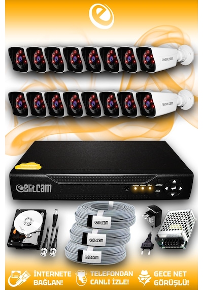 Elitcam 16 Kameralı Kare 16 Dış Kamera Set 100 GB HDD Full HD Gece Görüşlü Güvenlik Kamerası Sistemi